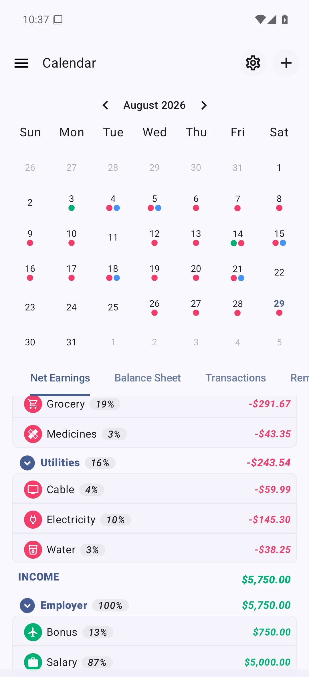 Bluecoins calendar report