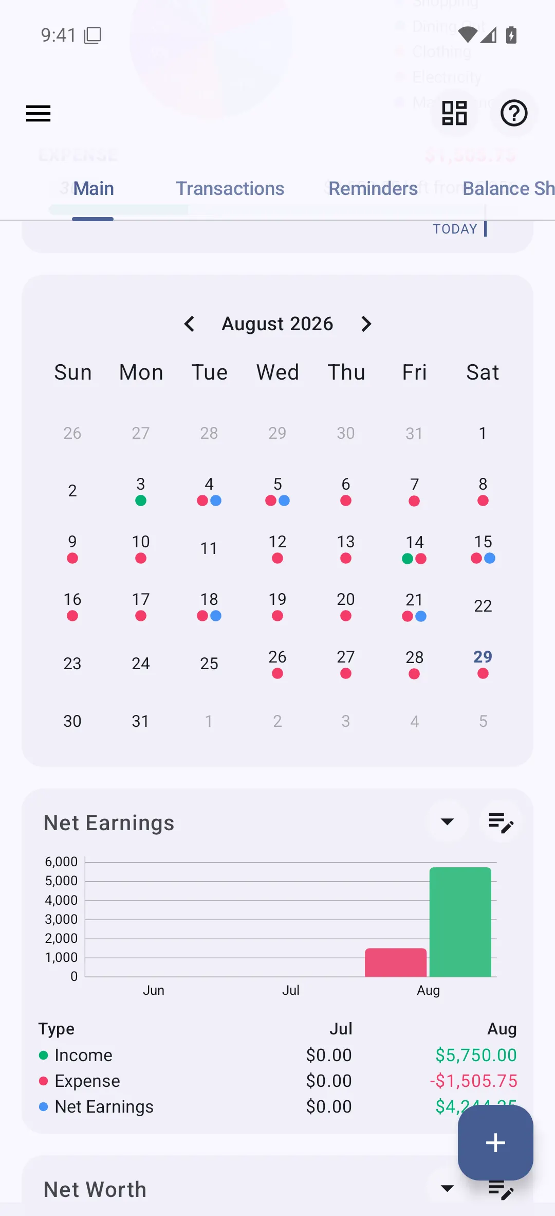 Bluecoins dashboard